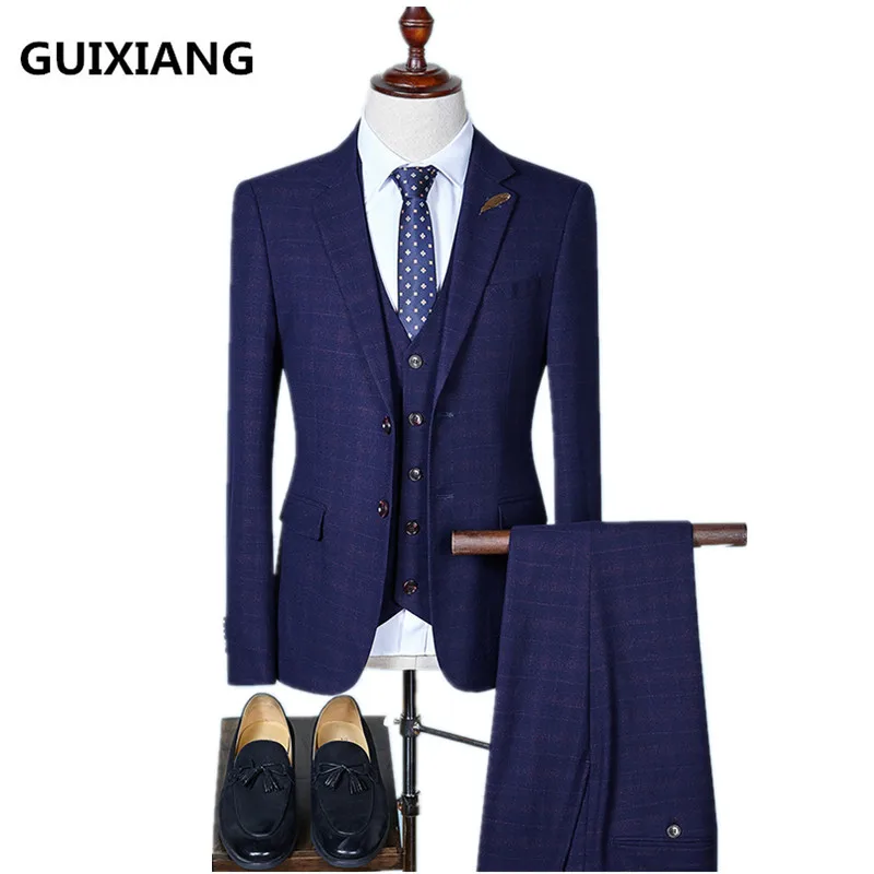 (Куртка + жилет брюки) осень 2017 модный Повседневный шерстяной мужской костюм в