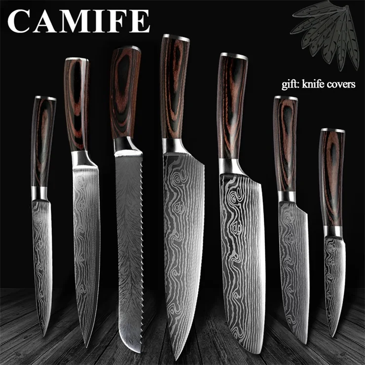 G.7 Pcs set Супер качество " дюймовые универсальные поварские Ножи Имитация дамасской стали вены Santoku кухонные ножи резьба Кливер нарезка Подарочный нож - Цвет: G.7 Pcs set