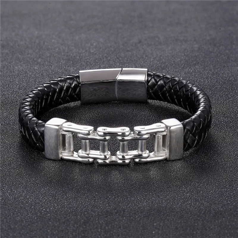 Hip Hop Bike Chain Charm Bracelets For Men Stainless Steel Gold Bicycle Genuine Leather Bracelet homme Rock Jewelry Gifts | Украшения и