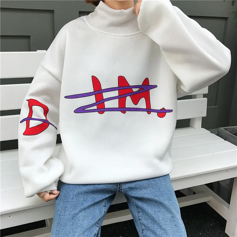 YouGeMan зимние теплые толстовки для женщин Одежда корейский Ulzzang Harajuku Бархат Водолазка пуловер кофты женские свободные топы