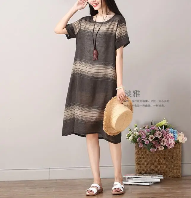

2022 New Women dresses Korean Casual Loose Cotton Linen Summer Dress Short Sleeve Print Striped Vintage Dress