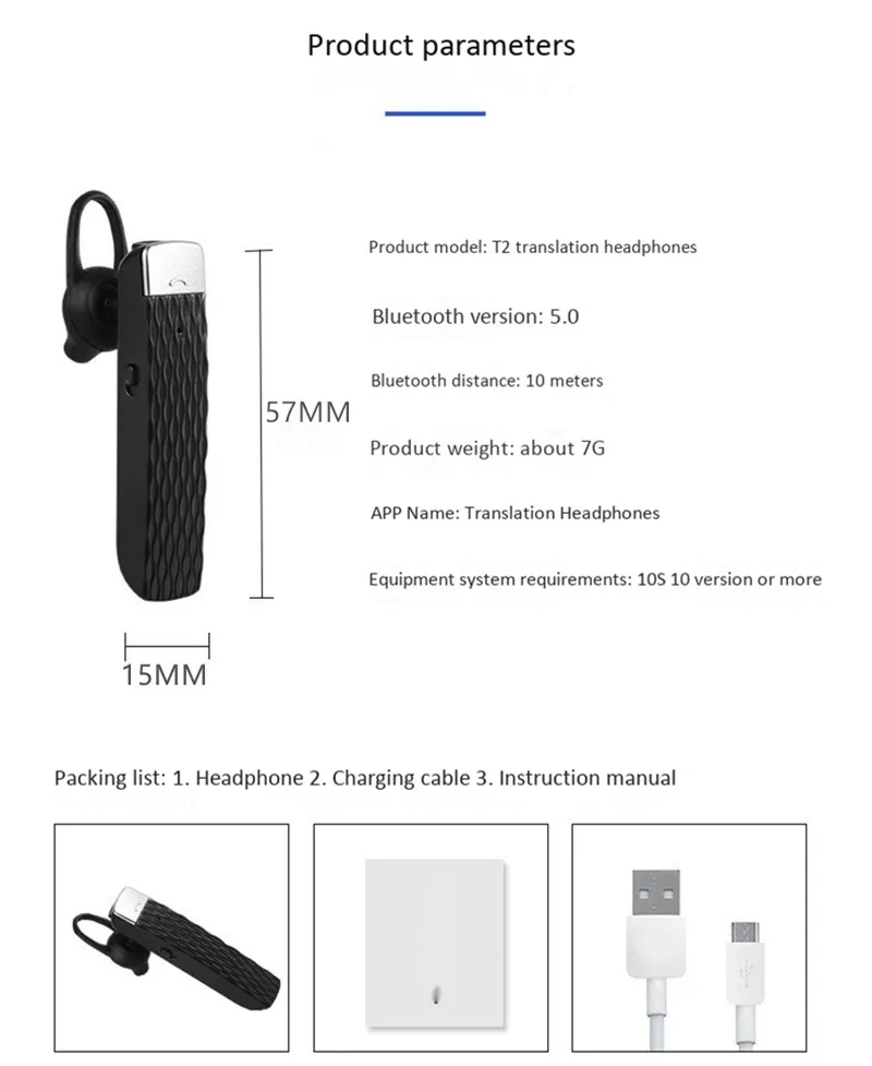 Smart Wireless Bluetooth Real Time Voice Translation Bluetooth Headset Headphone 33 languages simultaneous for Spanish Russian