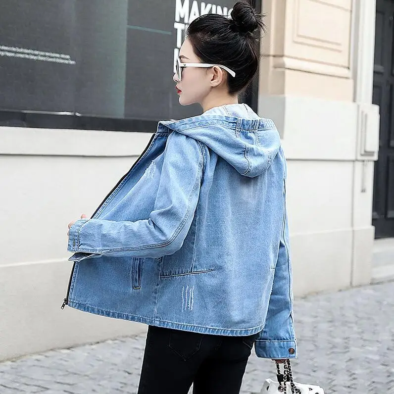 Hooded sky blue Женское базовое пальто с капюшоном, джинсовая куртка, Осень-зима, джинсовая куртка для женщин, Бомберы, куртки для женщин, джинсовое пальто для девушек, хороший подарок - Цвет: Hooded sky blue