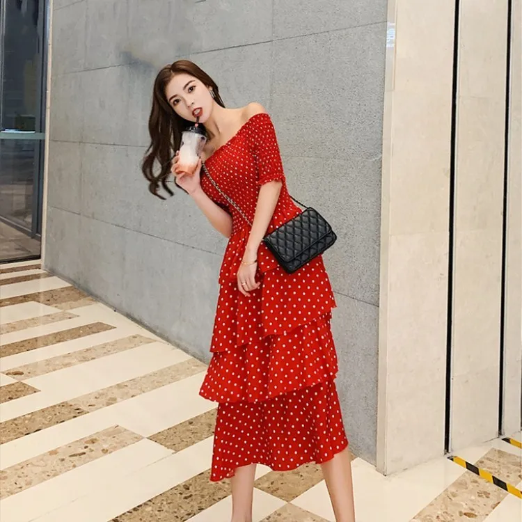 Summer Sweet Stretchy Chest Ruffled Dress Slash Neck Women Polka Dot Elegant Party Vestidos Ladies High Waist Cake Dresses | Женская