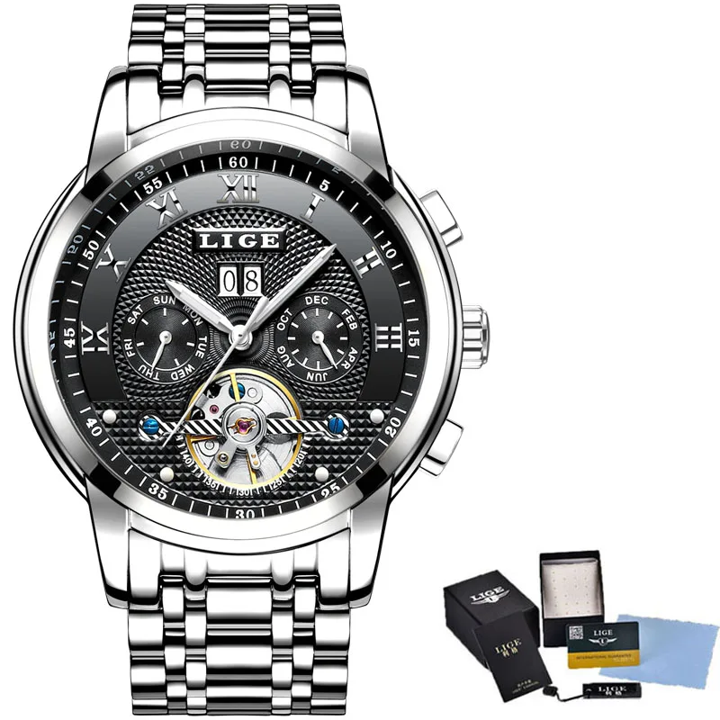 silver black steel Мужские часы LIGE Топ бренд класса люкс турбийон автоматические механические часы мужские бизнес нержавеющая сталь водонепроницаемые часы Relogio - Цвет: silver black steel