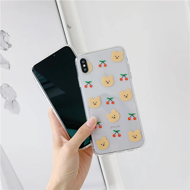 Прозрачный чехол с красными вишнями для iphone 7 8 x xr xs милый медведь кролик