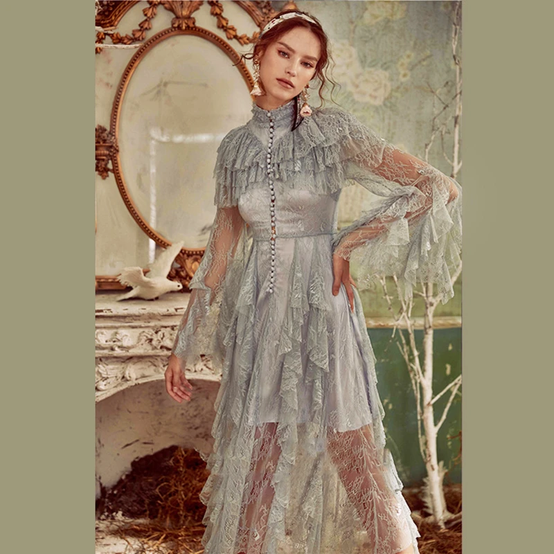 Высокое качество 2019 подиумное платье для женщин элегантное кружевное Макси с