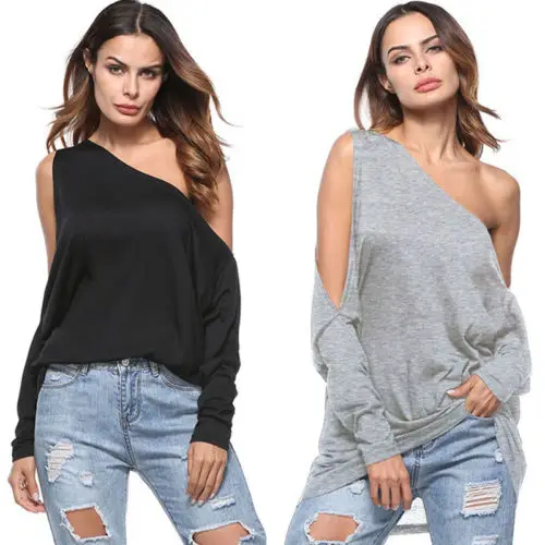2018 Women Loose Long Sleeve Off Shoulder Solid Tops Casual Cotton T-Shirts Plus Size |