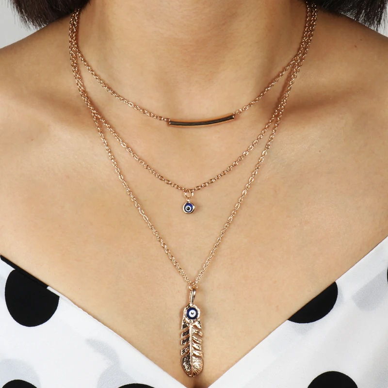 

High Quality Long Gold Color Strip Fish Bone Evil Eye Necklaces & Pendants for Women Hot Multi Layer Clavicle Chain Jewelry Gift