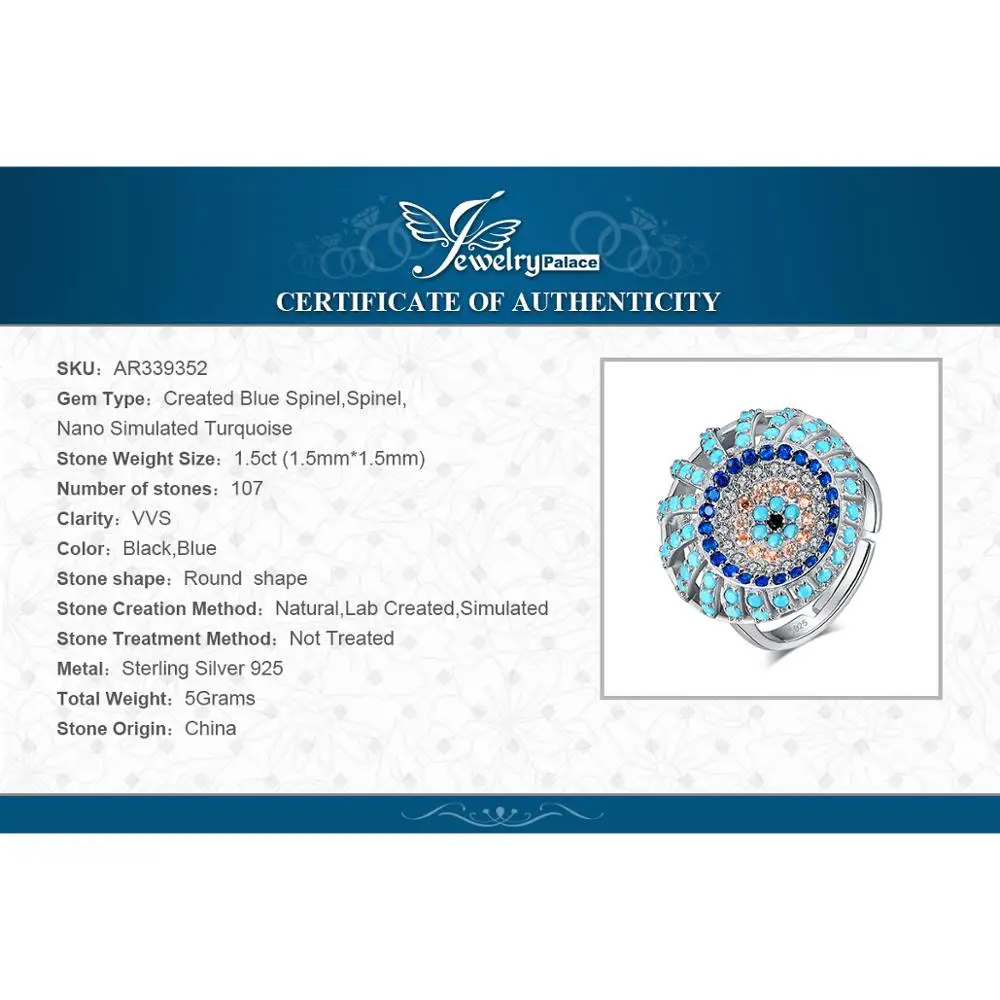 JewelryPalace богемный Boho черный и синяя шпинель Синий Nano искусственная бирюза подсолнечника коктейльное кольцо из стерлингового серебра 925