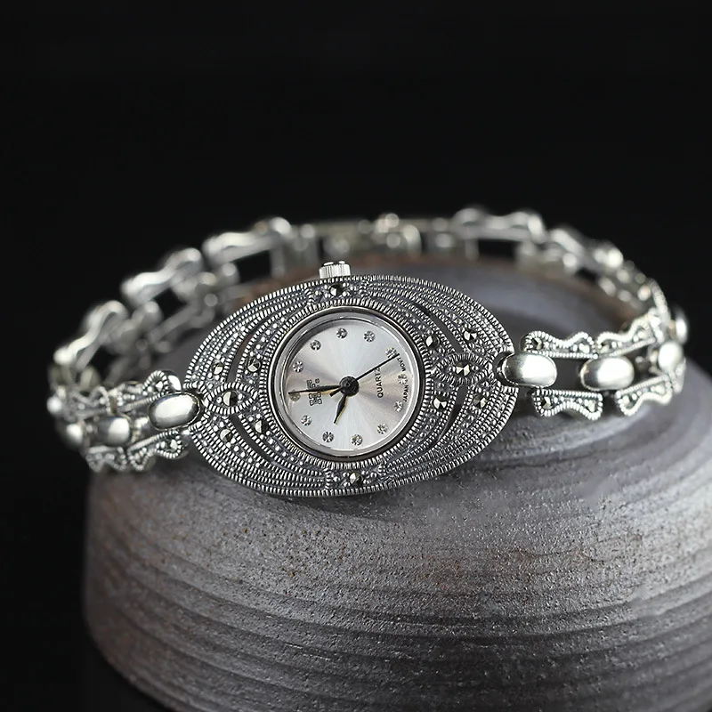 

Limited Classic Elegant S925 Silver Pure Thai Silver Flower Bracelet Watches Thailand Process Rhinestone Bangle Dresswatch