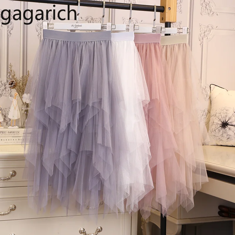 Gagarich, Женская юбка, мода, весенняя одежда, неровная, сетка, пряжа, строчка, высокая талия, однотонная, консервативный стиль, юбка