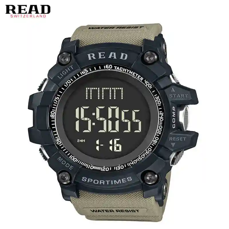 khaki Наручные часы READ Band 90002, мужские спортивные, военные кварцевые часы, круглые, двойная цифровая шкала, аналоговый секундомер, Relogio militan - Цвет: khaki