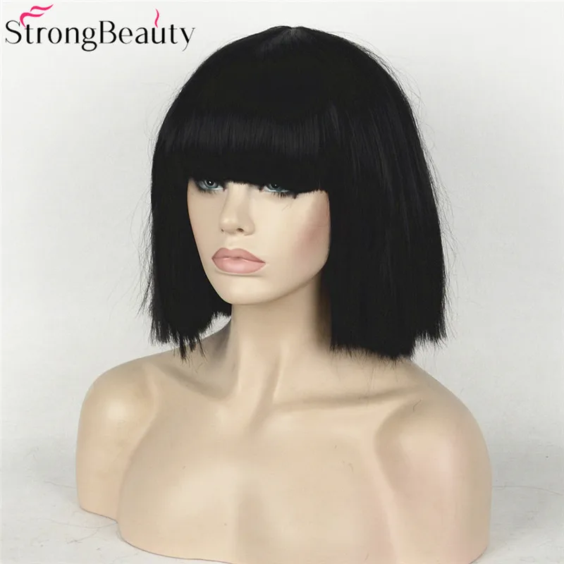 

Strong Beauty Short Bob Kinky Straight Bangs Synthetic Hairpieces Blonde And Black Wigs