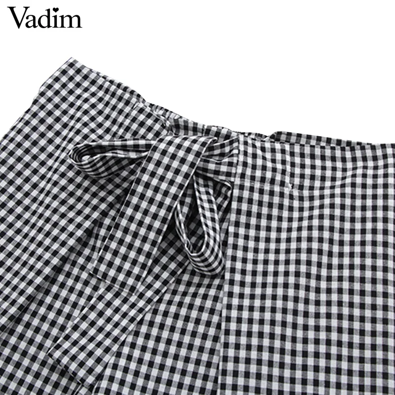 Vadim, винтажные клетчатые Широкие штаны, галстук-бабочка, пояс, эластичная резинка на талии, европейский стиль, повседневные Плиссированные Свободные Штаны, pantalones mujer