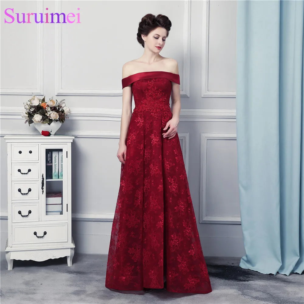 Красное вино кружевное вечернее платье с открытыми плечами высокое качество