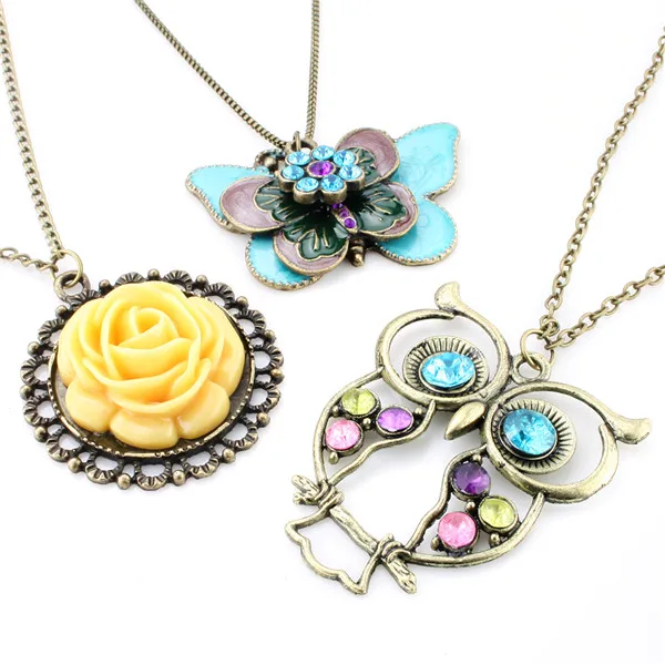 SET 3-3PCS JewelrieShop винтажная Ретро цветная Хрустальная сова длинная цепочка с подвеской ожерелье с состаренная бронза отделка - Окраска металла: SET 3-3PCS