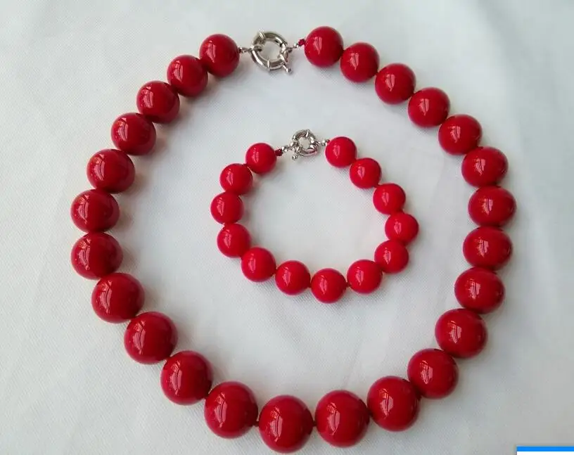 Очаровательный 16 мм Круглый красный перламутровый жемчуг ожерелье браслет набор