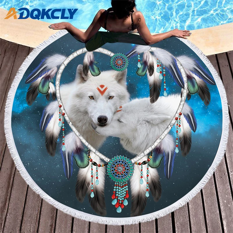 3D Волчья микрофибра круглое банное полотенце сердце узор перо с кисточками
