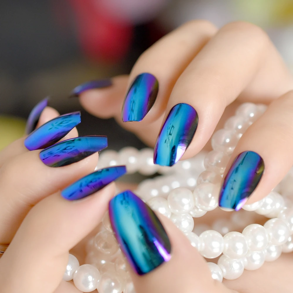 blue coffin chrome Модные хамелеоны поддельные голографические наклейки для ногтей цветные блестящие дамские акриловые кончики для дизайна ногтей 24 шт накладные ногти с клеем, стикер - Цвет: blue coffin chrome