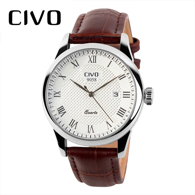 CIVO Mens Watches Waterproof Date Calendar Analogue Quartz Wrist Watch Men Brown Genuine Leather For Clock Erkek Saat | Наручные часы