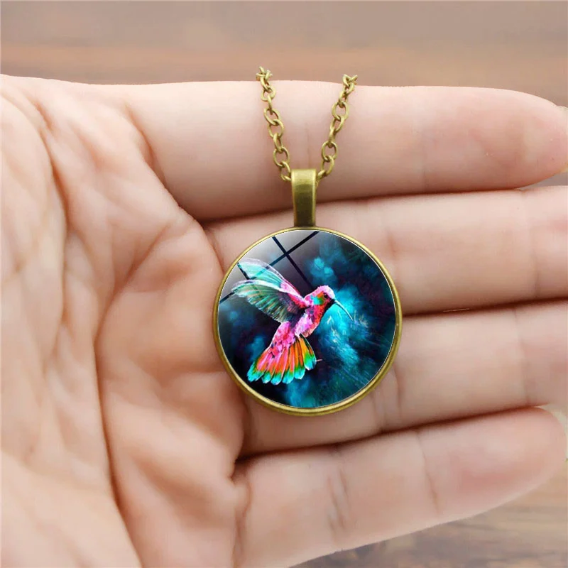 Ожерелье с подвеской из цветного стекла Hummingbird Photo Tibet серебряное кабошонное