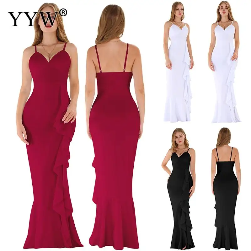 Женское вечернее платье без рукавов с оборками однотонное облегающее длинное v