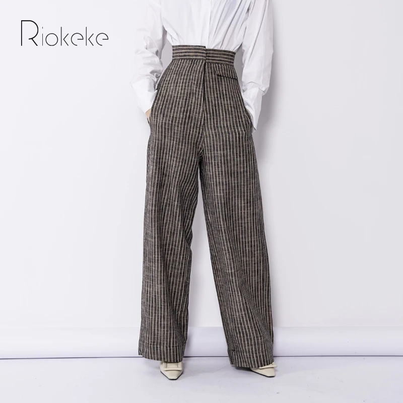 Riokeke/Винтажные льняные полосатые широкие женские брюки с высокой талией
