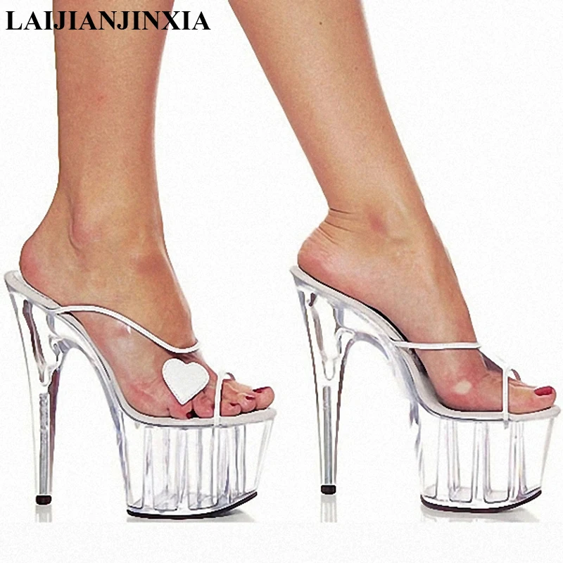 

LAIJIANJINXIA New Stylish 15CM High Heel Platforms Slippers Women Sexy Crystal Sandals 6 Inch Glitter Heels Nightclub Shoes