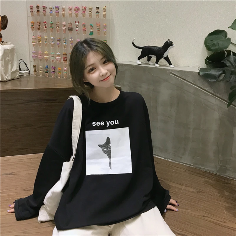 Видеть вас Осенняя женская футболка больших размеров свободного покроя милое с