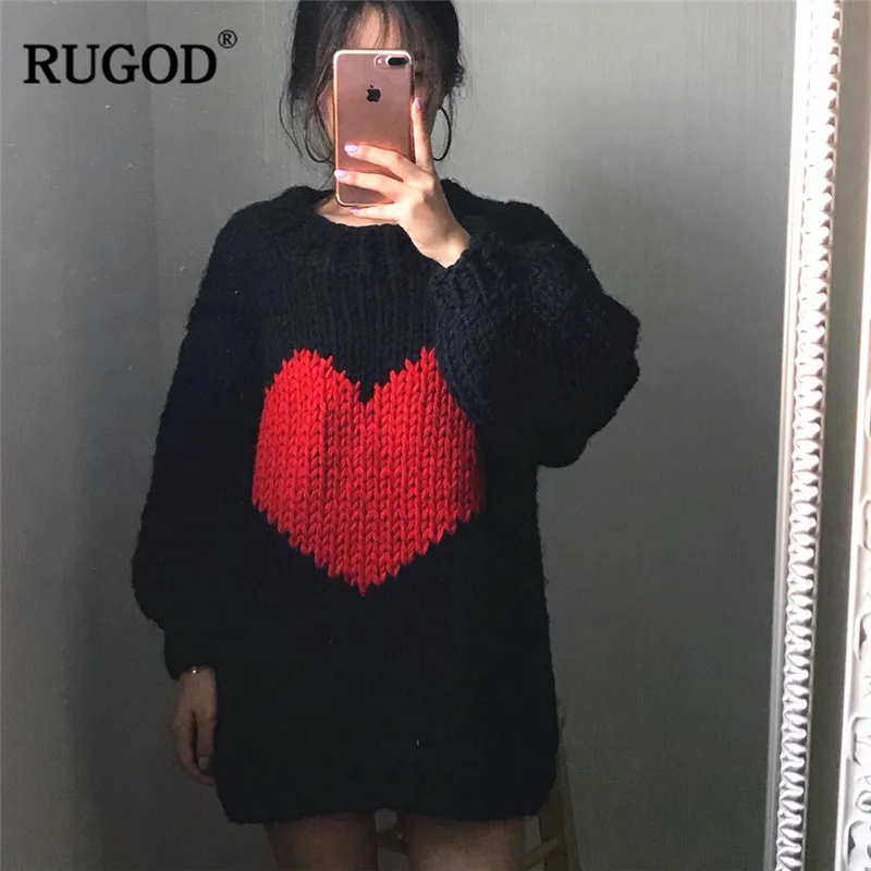 Женский трикотажный свитер RUGOD длинный с круглым вырезом и сердечком на осень