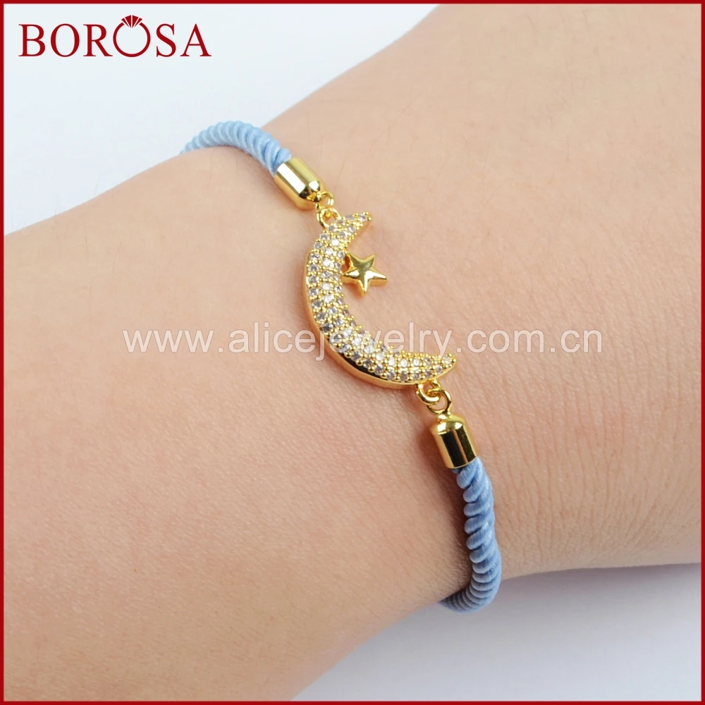 Borosa Micro Pave CZ Белый циркон звезды и луна Spacer разъем хлопчатобумажной веревки