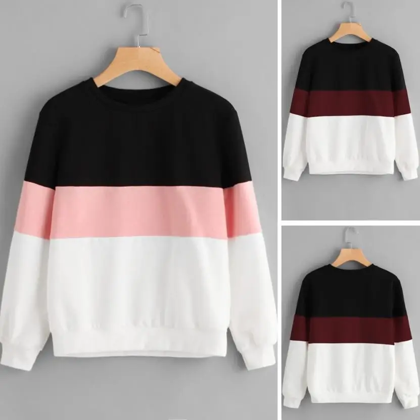 

DROPSHIP 2019 New Arrival Fashion Women's Long Sleeve Cut Sew Pullover Stripe Hoodie Print Sweatshirt Blouse Top Freeship 50*