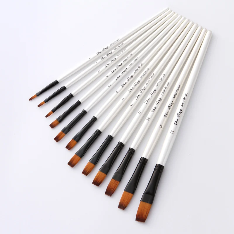 12 pcs Flat 12 шт. нейлоновая деревянная кисть для волос набор ручек различной формы для обучения Diy масляная Акриловая картина художественные кисти принадлежности - Цвет: 12 pcs Flat
