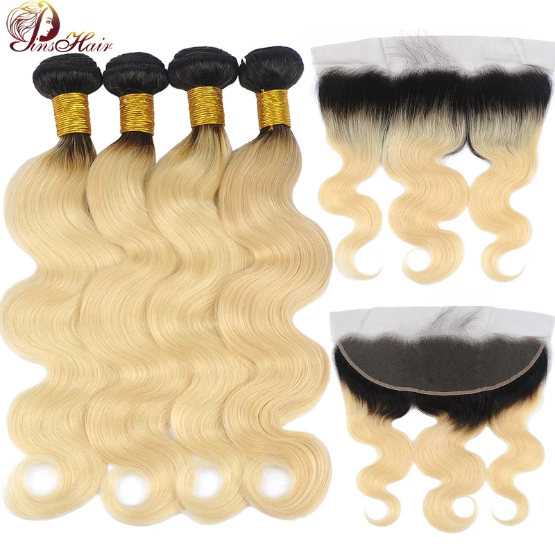 Pinshair 613 Ombre пряди блонд с фронтальной волной кружевной застежкой перуанские