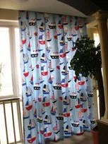 Синяя занавеска с изображением мультяшного корабля морской ветер холщовая для