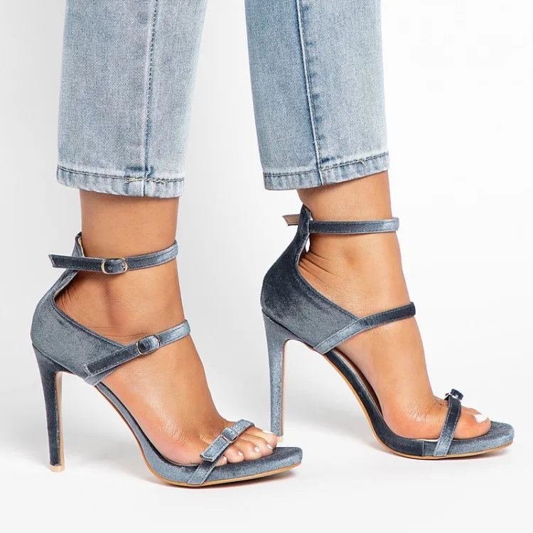 US4-11 Womens Elegant Velvet High Heels Ankle Buckles Sandals Fashion Shoes Stilettos Strap Pumps Plus Size A759 | Обувь