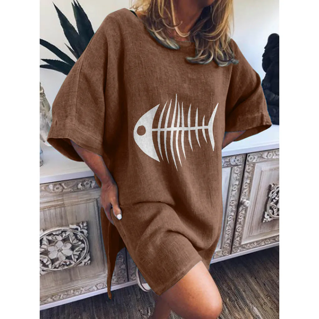 Женское летнее свободное мини платье с круглым вырезом и коротким рукавом