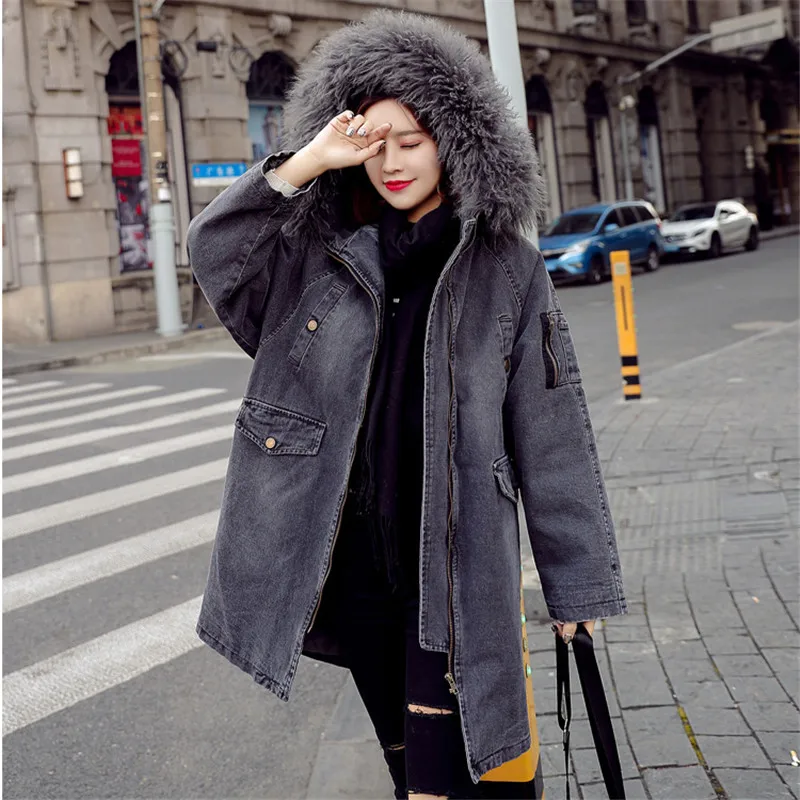 Women Denim Cotton Parkas Medium Long Hooded Fur Collar Lambswool Jacket 2021 Winter New Large Size Fashion Outwear JIA389 | Женская