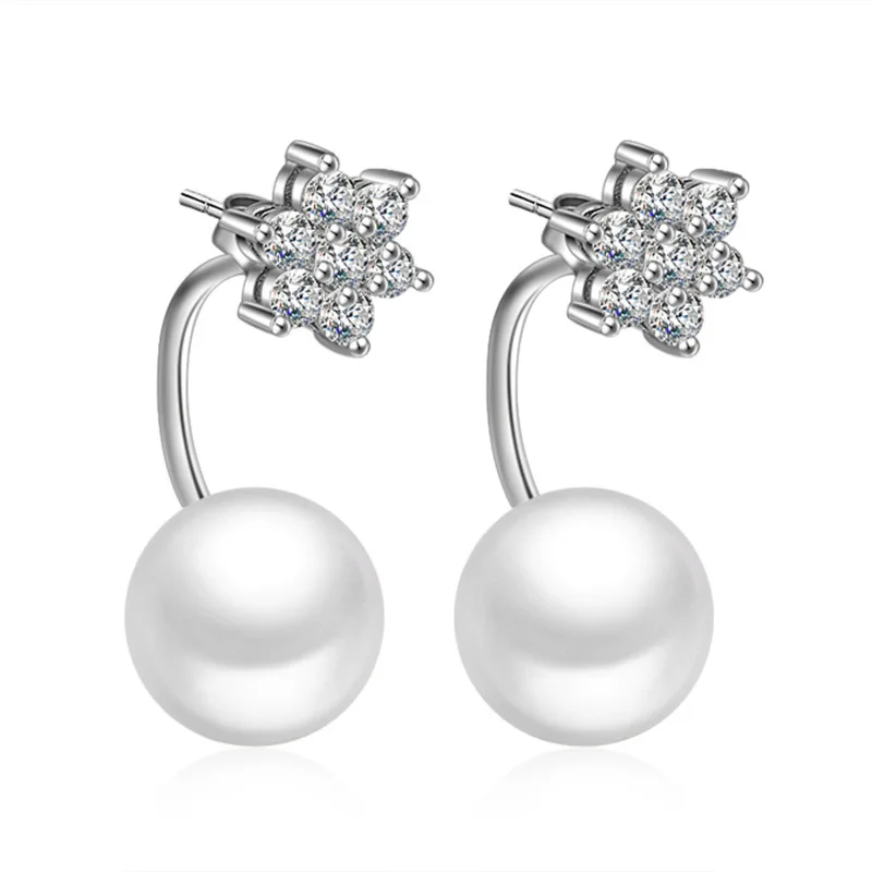 

100% 925 sterling silver pearl shiny crystal flower ladies' stud earrings wholesale women jewelry birthday gift