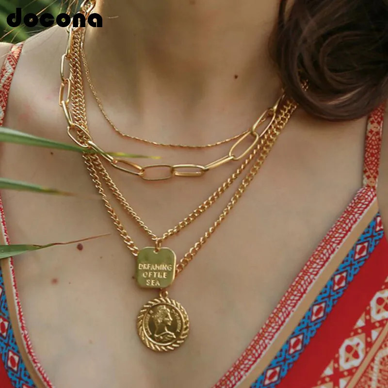 Docona Ретро золото Цвет металла слоистых ожерелья для женщин панковские