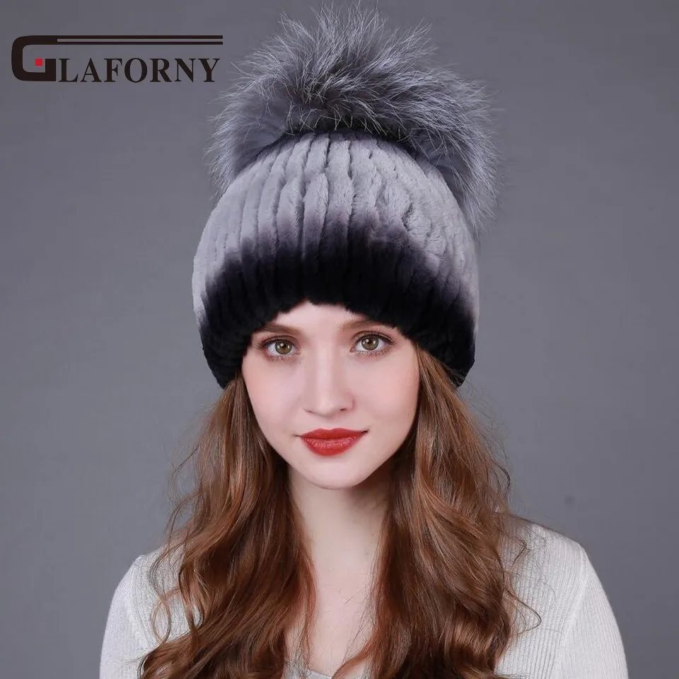 Женские вязаные шапки из меха кролика рекс Glaforny теплые меховые серебристой лисы