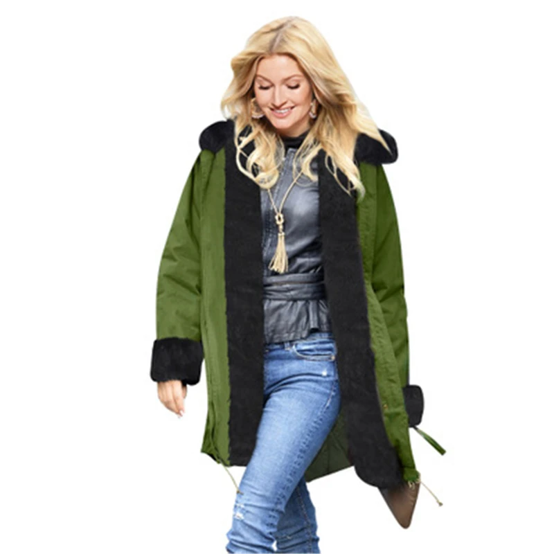 Large Size Winter Women Faux Fur Overcoat Casual Slim Thick Warm Female Fur Coats Vintage Spliced Army green Outerwear J739