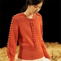 100 hand made pure wool oneck knit women fashion solid loose short pullover sweater cute ball sleeve customized