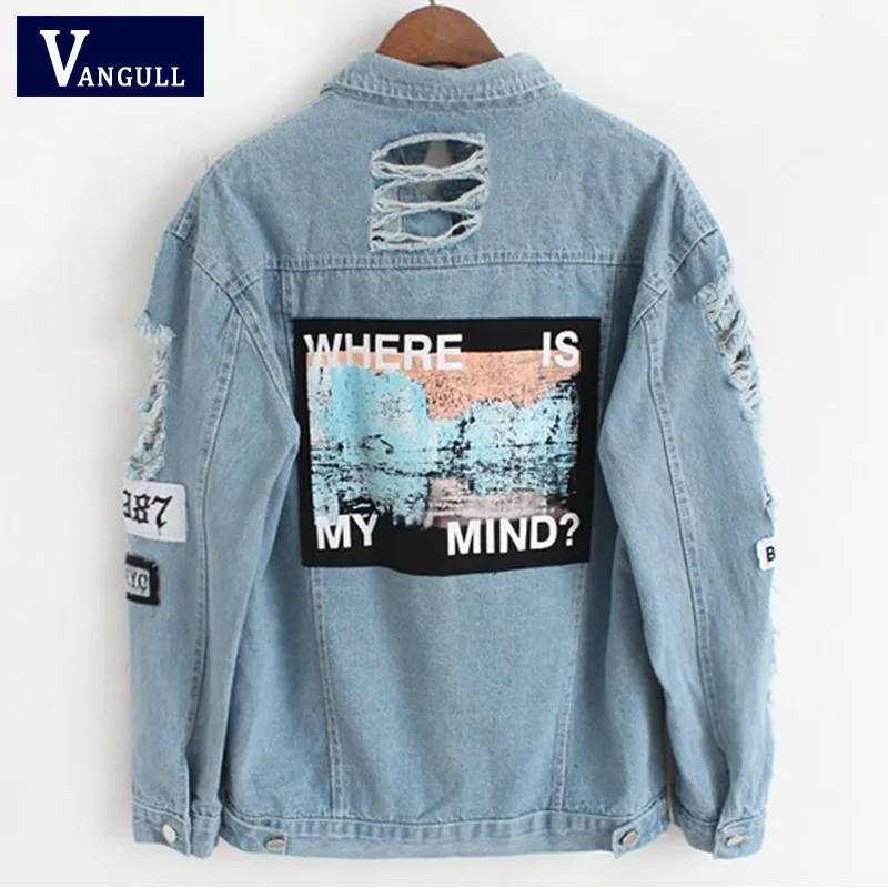 

Vangull Fashion Letters Print Denim Jacket Women Long Sleeve Single Breasted Jean Coat Female Spring New Loose Ladies Outwear