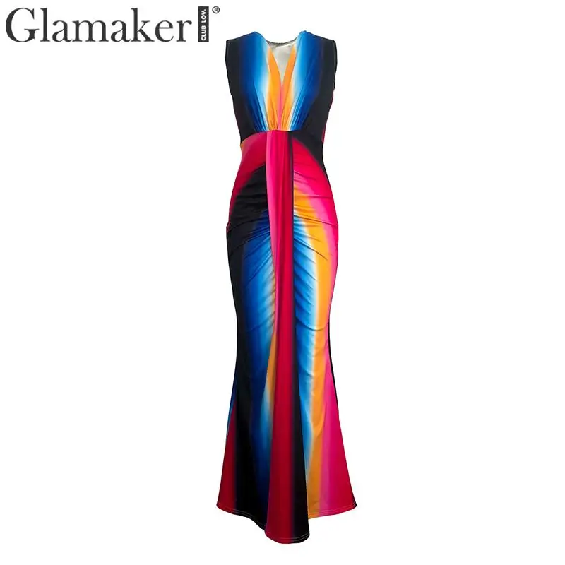 Черный Glamaker Muticolor полосатый пляжное летнее платье с v-образным вырезом Вечерние Клубные сексуальные платья без рукавов, макси длинное платье vestidos de fiesta - Цвет: Черный