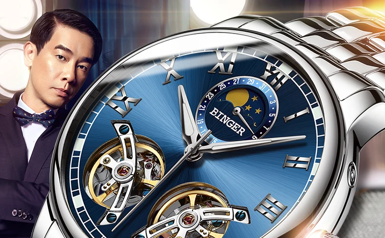 Double tourbillon Luxury Men watch Automatic mechanical Watch BINGER Famous Brand Watch Gold Case Blue Dial Double relogio