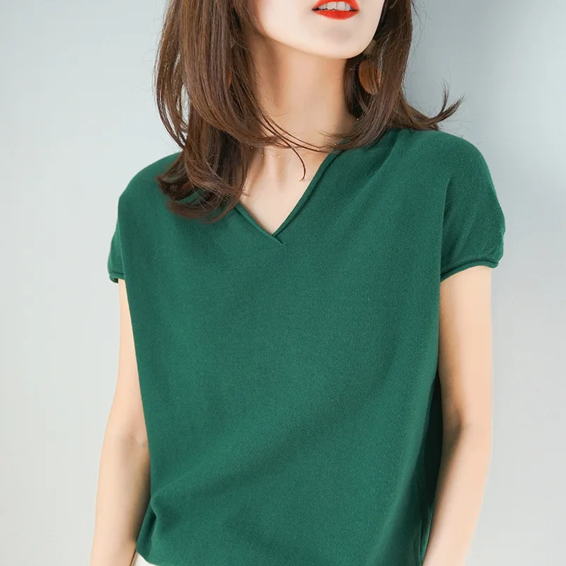 Dark green Корейская версия летней хлопковой вязаной футболки с коротким рукавом, женский свободный свитер, нижняя часть с коротким рукавом - Color: Dark green