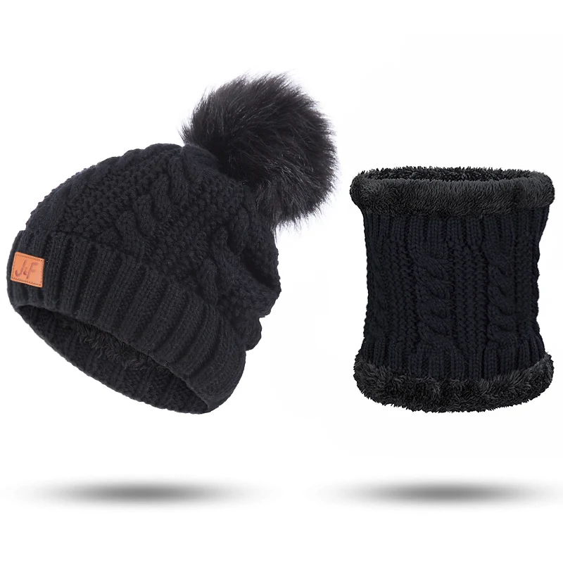 Новинка, комплект из 2 предметов, женская зимняя шапка, шарф, модная зимняя шапка для женщин, хлопок, женский зимний шарф, Повседневная одноцветная шапка и шарф - Цвет: Black