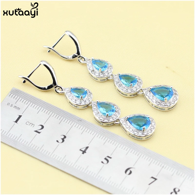 XUTAAYI Silver colorDrop Jewelry Sets For women Blue Cubic Zirconia White CZ Fancy Wedding Necklace/Rings/Earrings Set | Украшения и